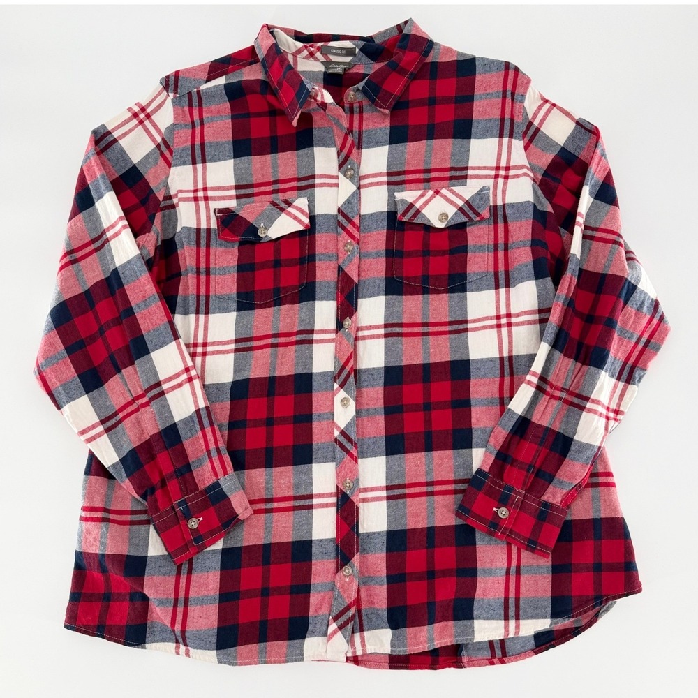 EDDIE BAUER Women's Plaid Flannel Shirt Red Navy Cotton Classic Fit Size 2XL